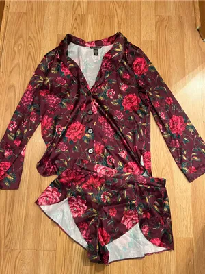 Victoria's Secret Burgundy Floral Satin Pajama Set - Button-Up Top &‎ Shorts thumbnail 1
