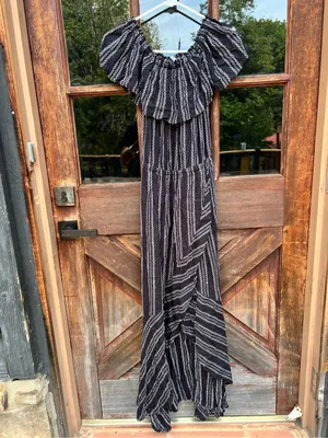 Elan Black White Striped boho cottagecore Linen Style Maxi Dress Medium $125 thumbnail 5