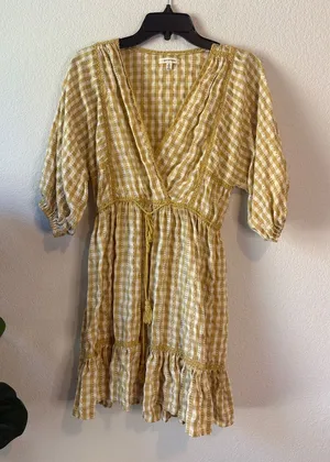 Max Studio Mustard Yellow Gingham V-Neck Tiered Dress with drawstring waist S thumbnail 1