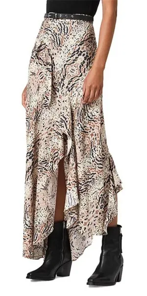 Womens Size 6 ALLSAINTS Raya Arietta Animal Print Ruffled Midi Maxi Skirt thumbnail 1