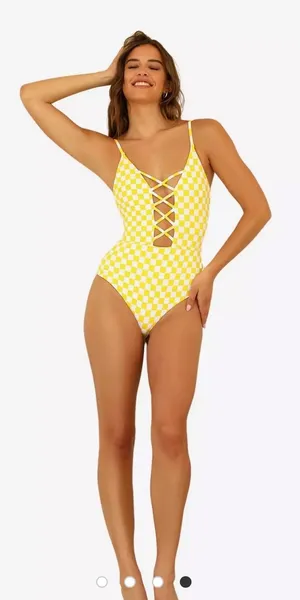 Dippin' Daisy's Bliss Swim One Piece Swimsuit Yellow Checkers Plaid Size Small thumbnail 1