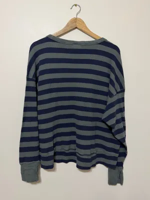Aerie OFFLINE Wow Oversized Waffle Thermal Top Size Large Striped Green Blue thumbnail 6