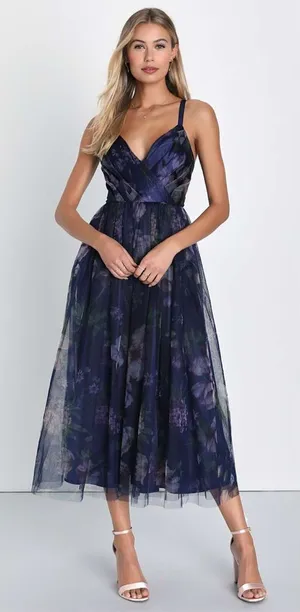 Lulu's Elaborate Elegance Navy Floral Print Tulle Pleated Midi Dress thumbnail 1