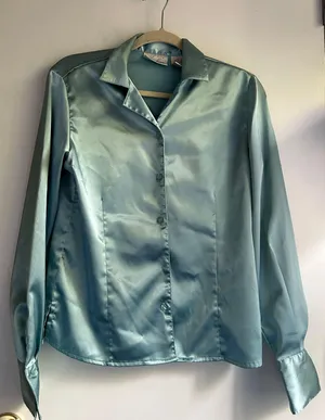 Satin Button Down Blouse Green thumbnail 1
