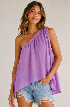 Free People We The Free Spring Break NWT Purple One Shoulder Top Oversized Sz S thumbnail 1