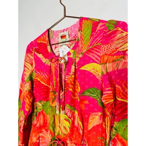 FARM RIO Pink Orange Floral Cotton A-Line Tie Waist Ombre Forest Mini Dress S thumbnail 7