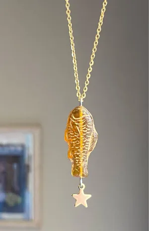 Handmade quality Czech glass amber fish & star boho funky fairy necklace🌀🐟💚 thumbnail 2