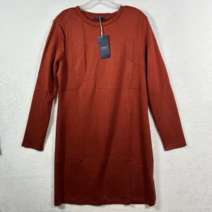 Sampeel Womens Long Sleeve Crew Neck T-Shirt Dress Rust Orange Side‎ Slit Large thumbnail 9