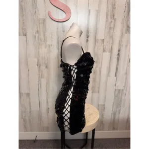 AKIRA Black Sequin Lace Up Mini Dress Womens Size Small S Spaghetti Strap Bodyco thumbnail 5