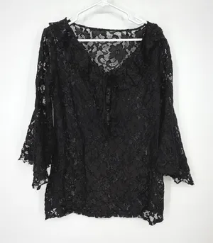 Black Floral Lace Ruffle V-Neck Bell Sleeve Blouse Top Victorian Fairy‎ Made USA thumbnail 1