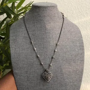 Brighton Y2K Reno Double Sided Reversible Silver tone Heart Charm Pendant Bead Necklace adjustable length #gothic #whimsygoth #celestial #fairy thumbnail 1