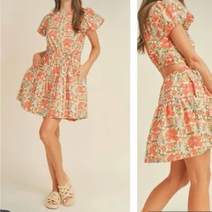 NWT &Merci Cream‎ Orange Floral Puff Sleeve Back Cut Out Lindsay SunDress thumbnail 2