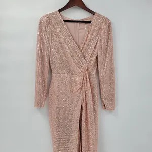 Sublime Sequined Gown S Pink Faux Wrap Long Puff Sleeve Tigh Slit Party Wedding thumbnail 3