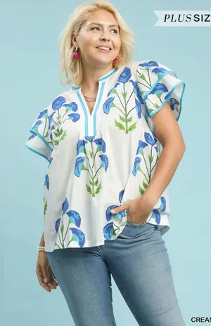New! Umgee Plus Cotton Cream Floral Popover Top with Blue Accents Size 1X thumbnail 1