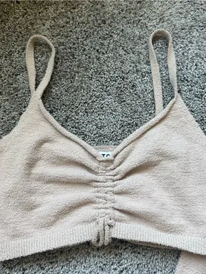 Tic Toc Ruched Knit Two-Piece Loungewear Set in Light Beige thumbnail 4