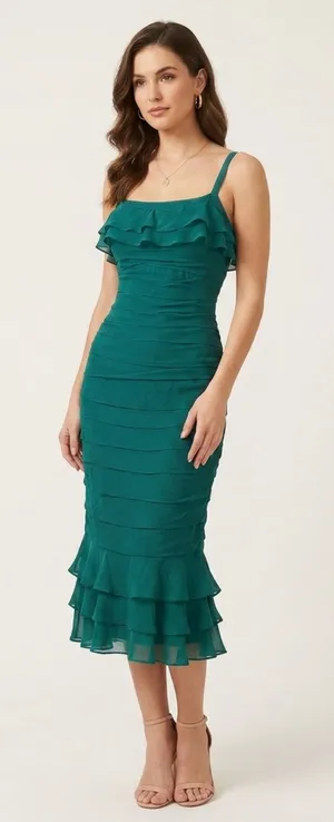 Gilar VTG Green Chiffon Silk Mermaidcore Whimsical Flounce Strap Dress 8 -Stain thumbnail 1