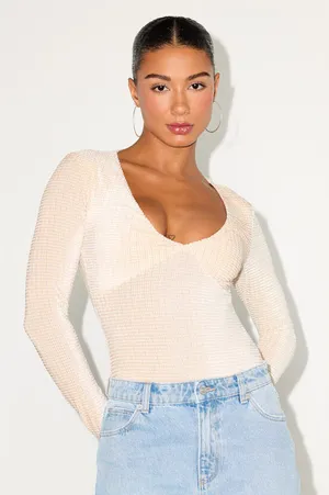 NWT: Lulus Stelly Shiny Light Beige Velvet Textured Long Sleeve Bodysuit thumbnail 1