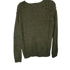 🍃 David Kahn Olive Green Studded Shoulder Crew Neck Sweater Medium VGUC‎ 🍃 thumbnail 2