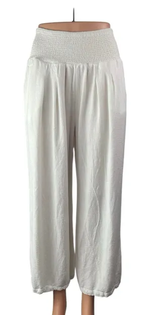 Women's White Smocked High Waisted Boho Wide Leg Baggy Trousers Pants Size L thumbnail 1
