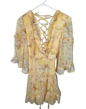 Saints + Secrets Yellow Floral Lace-Up Flare Sleeve Midi Dress Size 6 thumbnail 1