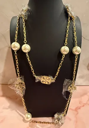 Tory Burch | Gold Plated, Crystal & Pearl Long Station Necklace thumbnail 1