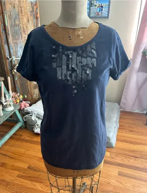 Lauren Ralph Lauren Navy Short-Sleeve Tee with Sequin Detail | Size Medium thumbnail 1