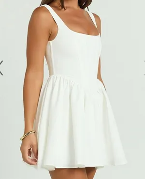 Aimee Mini Dress - Scoop Neck Corset Gathered Dress In White thumbnail 3