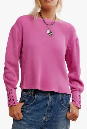 Free people we the free lapis lace up cuff cotton thermal top NWT XL plumdrop thumbnail 1