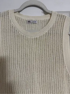 Zara cream open knit crochet vest women’s size XL boho fall cottagecore thumbnail 2
