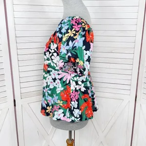 Old Navy Floral Puff Sleeve Peplum Flared Hem V‎ Neck Top Shirt Blue Multi Small thumbnail 3