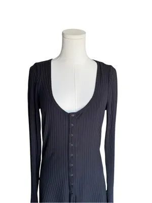 Anthropologie - Black Ribbed Snap Front Long Sleeve Top Organic Cotton Sz M thumbnail 5