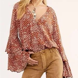 Free People Orange Ditsy Floral Lace Bell Sleeve Bodysuit Feminine Festival S thumbnail 2