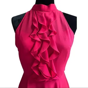BCBGeneration Rouge Red Pink Ruffle Sleeveless Open Back Chiffon Halter Dress 4 thumbnail 2