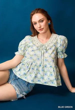 Umgee‎ Lace Detail Bow Print Flounce Sleeve Blouse thumbnail 1