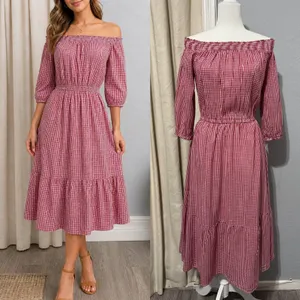 Old Navy Cotton Blend Dress S Red Gingham Smocked Off Shoulder Tiered Midi Dress thumbnail 2