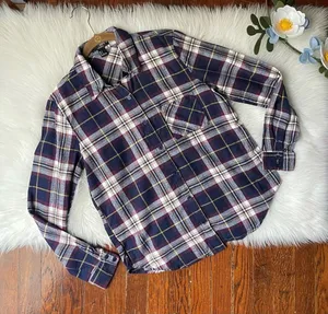 Women’s Plaid Flannel Shirt Button Up Navy & Mustard thumbnail 1