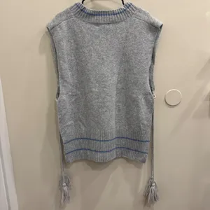 Free People‎ All Star Stripe Poncho Vest Gray Blue V-Neck Side Tie Tassels OS thumbnail 5