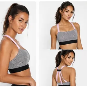 Victoria Sport Strappy Racerback Sports Bra Black White Striped Logo Pink Small thumbnail 3