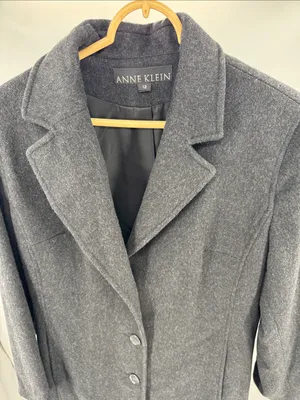 Anne Klein black dark Charcoal Gray Tailored Trench car Coat 100% wool winter thumbnail 3