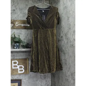 NWT Tommy Hilfiger Ruched Velvet Puff Sleeve Fit Flare Dress Bronze / Black 4 thumbnail 4