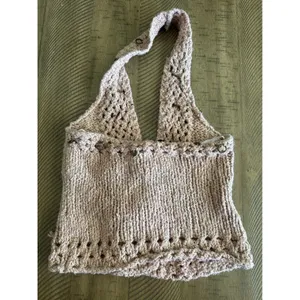 LeRok Vintage Y2K Knit Halter Crop Top Chain & Ring Embellished Beige - Small thumbnail 2