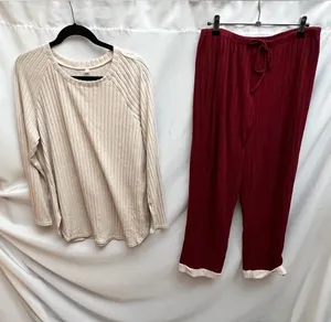 Womens XL Ribbed Lounge Pajama Set Cream Top Burgundy Pants Soft Cozy thumbnail 1