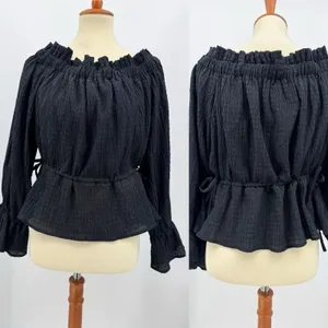 SCOOP Off Shoulder Peplum Blouse Black Tie Waist Long Ruffle Sleeve Casual Top L thumbnail 2