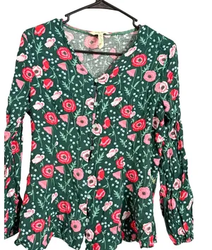 Matilda Jane Button Front Top Womens Medium Green Red Floral Poppy Peplum V-Neck thumbnail 1