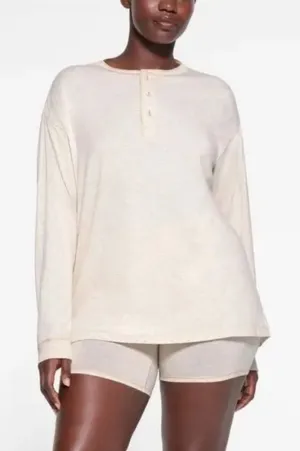 SKIMS Boyfriend Long Sleeve Henley Heather Oatmeal oversized size XS NWOT thumbnail 1