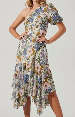 Astr Santorini One Shoulder Midi Dress Off White Retro Floral Size Small Wedding thumbnail 1