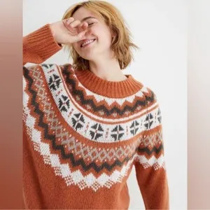 Aerie Fair Isle Knit Sweater Rust Orange Neutral Ivory Earth Cottagecore Large thumbnail 2