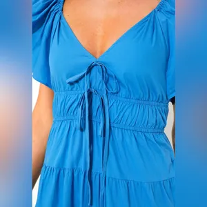 MOON RIVER Blue V-Neck Maxi Dress V-Neck Ruffled Sleeveless‎ Sundress thumbnail 3