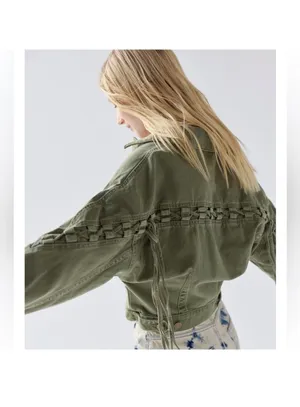 Urban Outfitters Army Olive Green BDG Samarria Laced Fringe Denim Trucker Jacket thumbnail 5