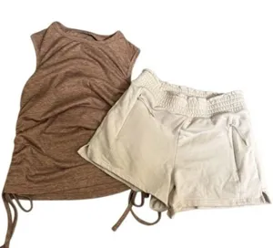 FLX Ivory Shorts Brown Ruched Side Tie Tank Cozy Athleisure Set XS thumbnail 1